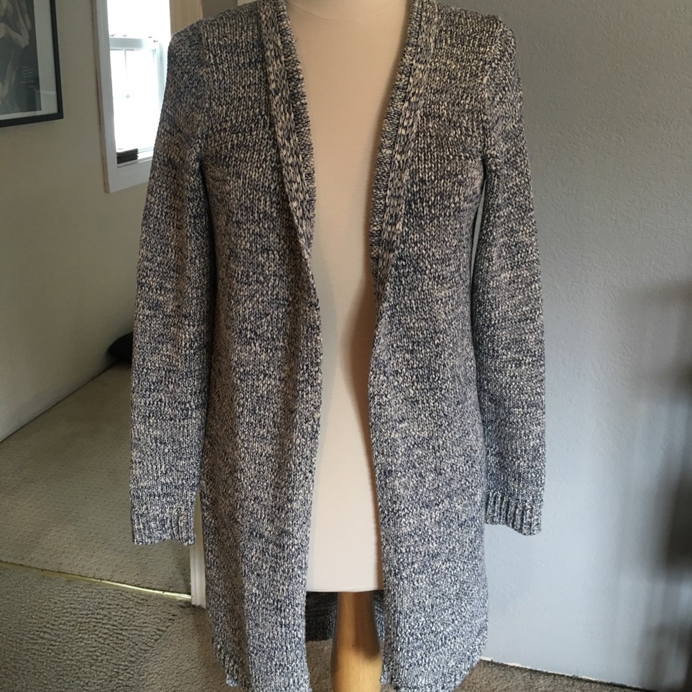 Long blue and white knit duster